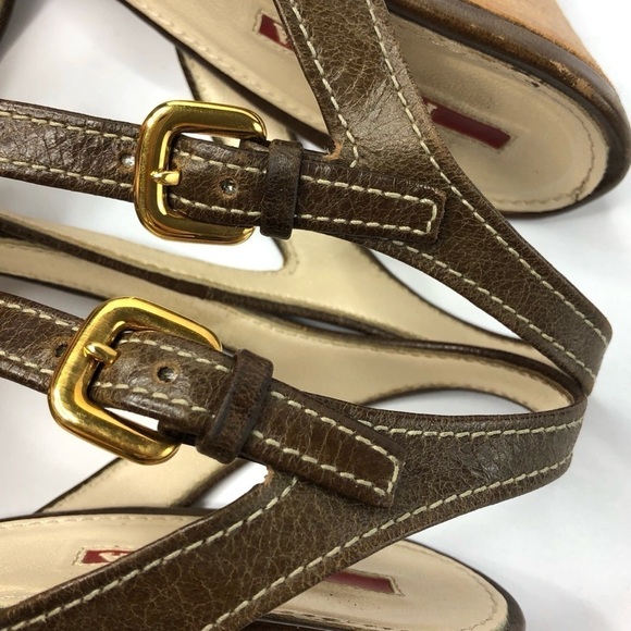 Prada authentic brown leather stacked heel sandal cross straps open toe EU 38 - Picture 4 of 12